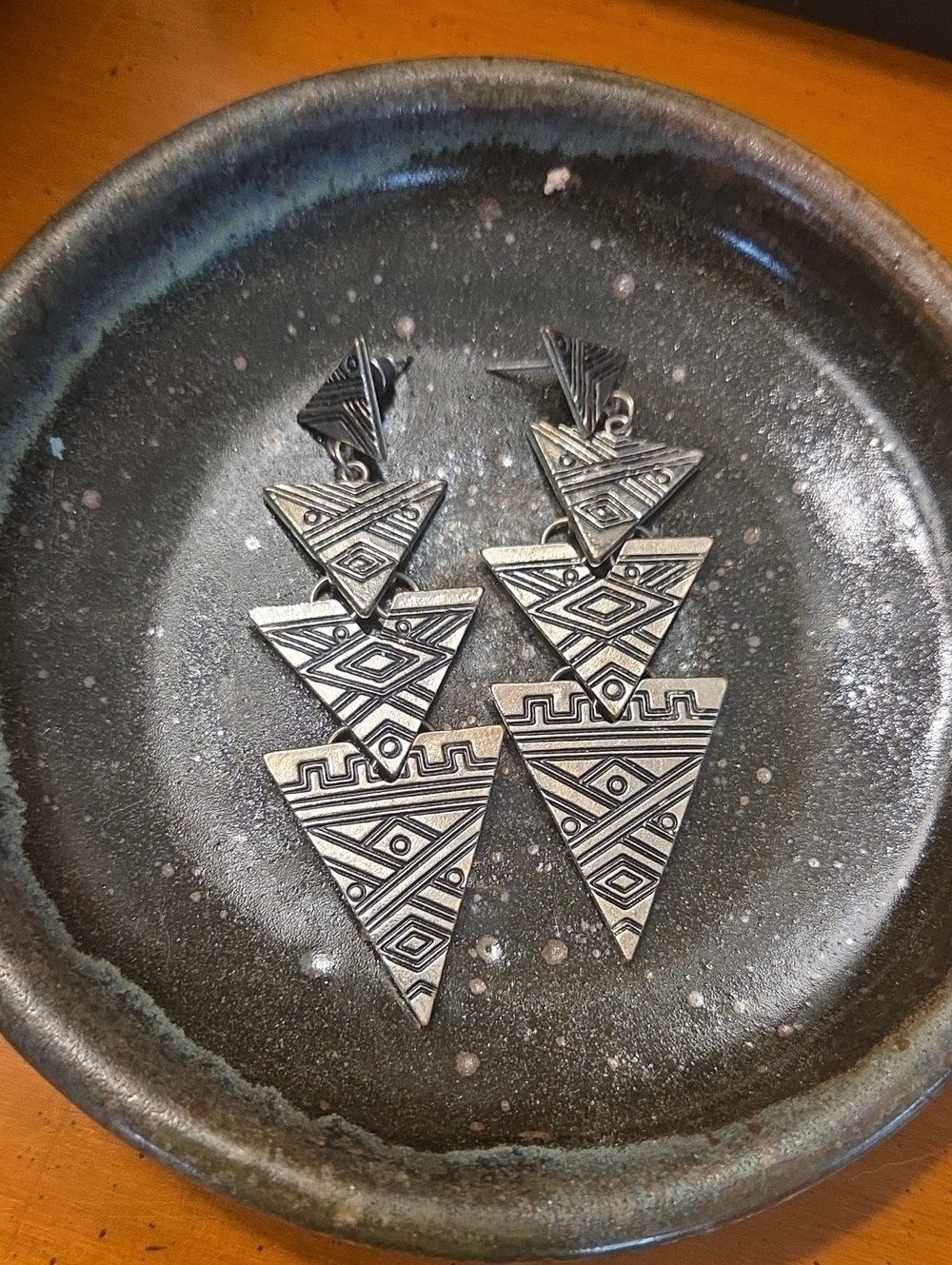 Geometric Tri-Tier Silver Triangle Drop Earrings